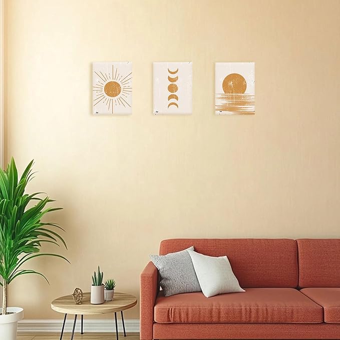 Boho Wall Art Abstract Sunshine Prints Pictures Minimalist Moon Phase Wall Decor Geometric Mid Century Sunset Canvas Paintings Artwork for Bathroom Office Living Room Bedroom Home Decoration 12x16"