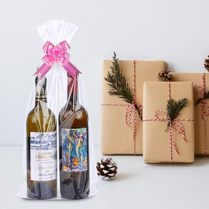 Kolewo4ever 40pcs Christmas Cellophane Bags Pull Bow Set 20pcs 16x24 Inches Cellophane Basket Bags Wine Bottles Cellophane Wrap with 20pcs Pull Bows
