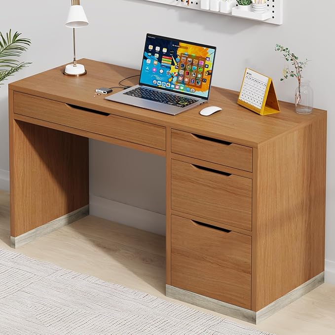 Small Desk with Drawers, 52 Inch Computer Desk with Storage, Home Office Desk with Filing Table for Bedroom, Brown
