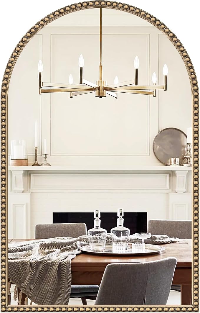 Arched Beaded Mirror for Bathroom, 24"x38" Antique Gold Arch Vanity Wall Mirror, Retro Brass Metal Frame Champagne Bronze Mirrors for Bedroom Dressing Room Entryway Fireplace
