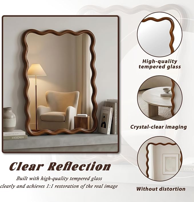 Elountik Wavy Rectangle Solid Wood Decorative Mirror, 30x40 Inches, Black Walnut Frame for Living Room, Bedroom, Bathroom & Entryway Wall Décor