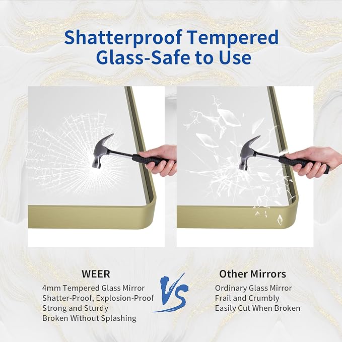 WEER Gold Bathroom Mirror, 48X30 Inch Brushed Gold Metal Frame Mirror, Rounded Rectangle Gold Bathroom Vanity Mirror for Wall, Tempered Glass, Anti-Rust, Hangs Horizontally or Vertically