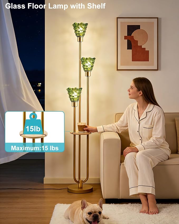 3-Light Modern Glass Floor Lamp with Shelf, Gold Tall Standing Lamp with Green Flower Glass Shade, LED Floor Lamp with Foot Switch& 5Lbs Heavy Base for Living Room Bedroom, Bulb Included