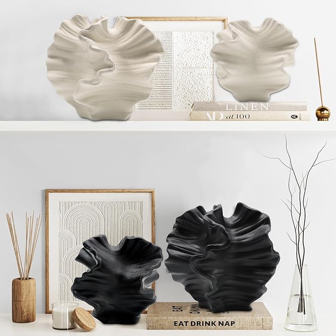 Ceramic Vase - Set of 2 for Home Decor,White Flower Shape Pampas Vases Minimalist Nordic Boho Style for Modern Farmhouse Decor, Living Room、 Kitchen、Mantle、Bedroom、Dining Table、Office