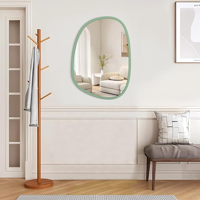 Asymmetrical Mirror for Wall Decor Green Modern Wooden Framed Wall Mirror Unique Shape Wall Mounted Vanity Artistic Mirror Decorative for Living Room Bedroom Bathroom Entryway Large 26"x18"