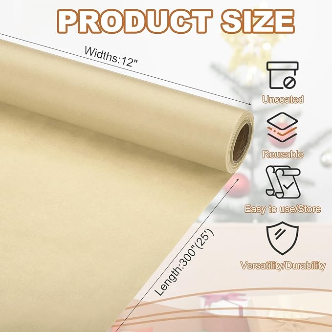 PATIKIL Wrapping Paper, 12" x 300"(25') 70 GSM Craft Paper Roll Kraft Packing Paper for Poster Bulletin Board, Gift Wrapping, Brown
