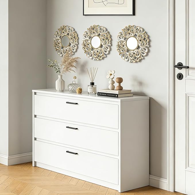 DXYAKY 3 Pack Floral Ornate Decorative Wall Mirror - Elegant White with Gold Accents, 9.8" Plastic Round Mirror Set, Lightweight Wall Art Décor for Bedroom, Bathroom, Living Room & Entryway