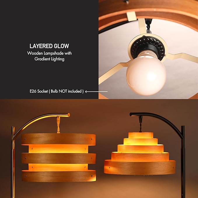 O’Bright Strata Wooden Floor Lamp - Mid Century Modern Standing Lamp with Layered Wood Shade, Tall Reading Lamp for Living Room, Bedroom, Office, Antique Brass, Light Oak, Horizon Shade