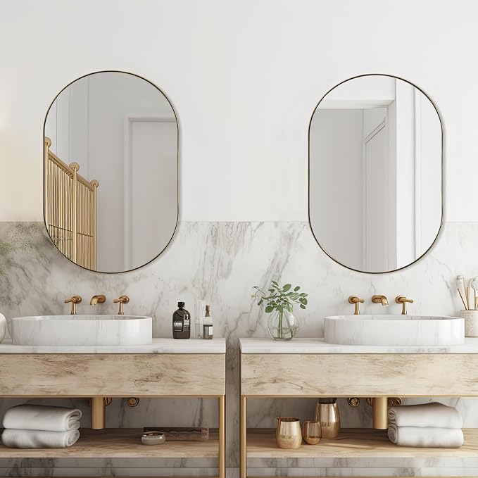 ANDY STAR 26x38 Inch Gold Oval Mirror, Oval Brass Mirror Pill Shaped Stainless Steel 1’’ Deep Metal Frame Wall Mounted Vertically & Horizontally Ideal for Limited Space