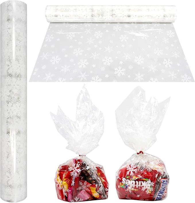 AnapoliZ Christmas Cellophane Wrap Roll | 100’ Ft. Long X 16” in. Wide | 2.3 Mil Thick Crystal Clear with Snowflakes| Gifts, Baskets, Treats, Cello Wrapping Paper | Xmas Snowflakes Holiday Design