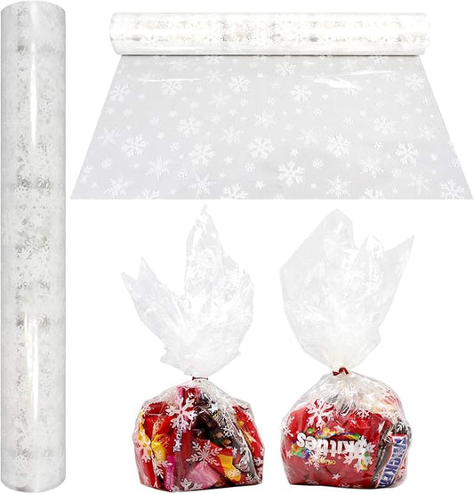 AnapoliZ Christmas Cellophane Wrap Roll | 100’ Ft. Long X 16” in. Wide | 2.3 Mil Thick Crystal Clear with Snowflakes| Gifts, Baskets, Treats, Cello Wrapping Paper | Xmas Snowflakes Holiday Design