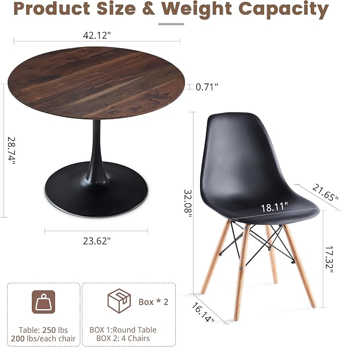 5-Piece Round Dining Table Set,42" Mid-Century Modern Kitchen Table with 4 Chairs,Tulip Pedestal Table & Solid Wood Legs,Space Saving Compact Furniture for Small Spaces Apartment Home,Walnut/Black