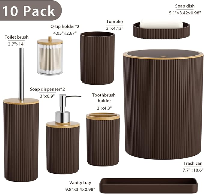 10PC Bathroom Accessories Set - Brown and Wooden Bathroom Sets, Bathroom Accessory Set with Pop Up Trash Can, Toilet Brush, Trash Can, Qtip Holder & Soap Dispenser