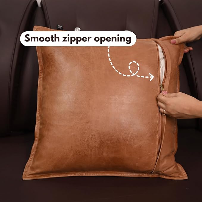 D DOLLY LAMB Lambskin Leather Pillow Cover - Sofa Cushion Case - Decorative Throw Covers for Living Room & Bedroom, 18x18 Inches - Antique Brown Box Pack of 1