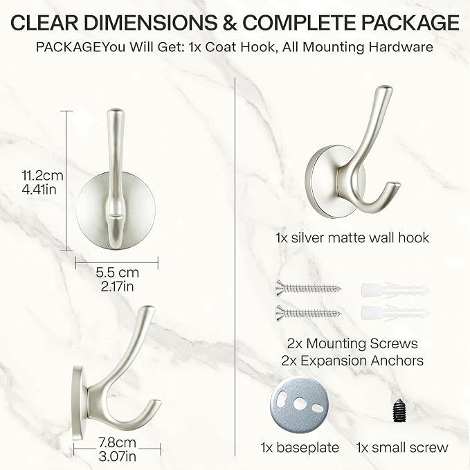 Matte Silver Towel Hooks 4 Pack, Heavy Duty Zinc Alloy Double Prong Coat Robe Hooks, Wall Mounted Towel Hooks for Bathroom, Kitchen, Closet, Garage, Entryway (195silver)