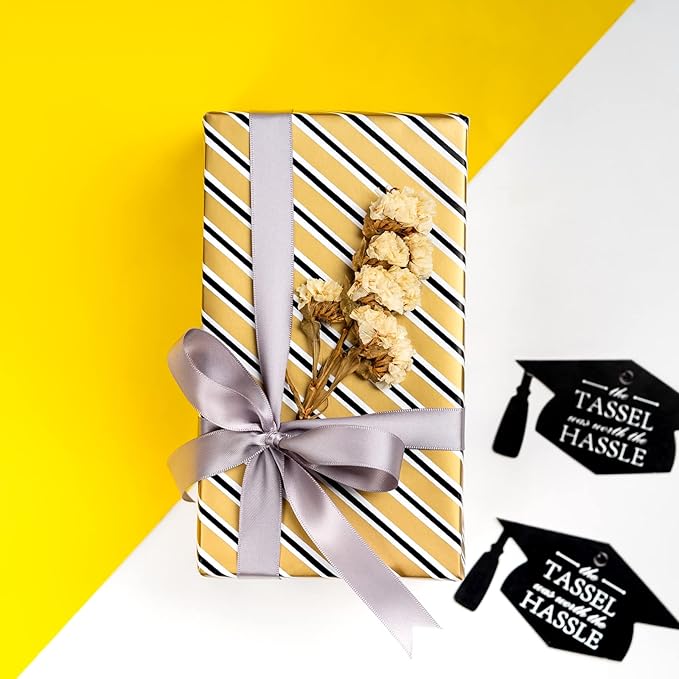 MAYPLUSS Graduation Gift Wrapping Paper Roll - 17in x 120in Per Roll - Black Gold Foil Star, Stripe & Graduation Cap Gift Wrap Paper Sheets for Party, High School, College, Annusarily Back to School