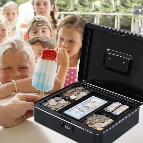 KYODOLED Metal Cash Box - Secure Combination Lock Money Box with Tray | 11.81" x 9.45" x 3.54" - Black
