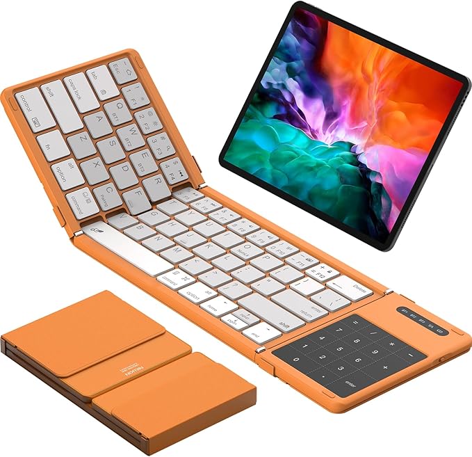 Nillkin Foldable Bluetooth Keyboard with Touchpad & Number Pad, Portable Bluetooth Keyboard with Full Size Keys, Pocket-Sized Wireless Travel Keyboards for iPad, Smartphone, Tablet and Laptop Orange