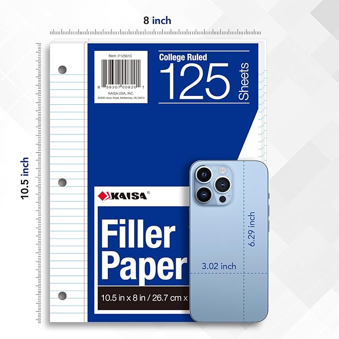 Kaisa Notebook Paper 24 Pack 8x10.5 College Ruled Loose Leaf Paper Filler Paper for 3-Ring Binder Paper 125 Sheets/Pack Notebook Paper 3-Hole Punched Lined Paper(24Pack-college)