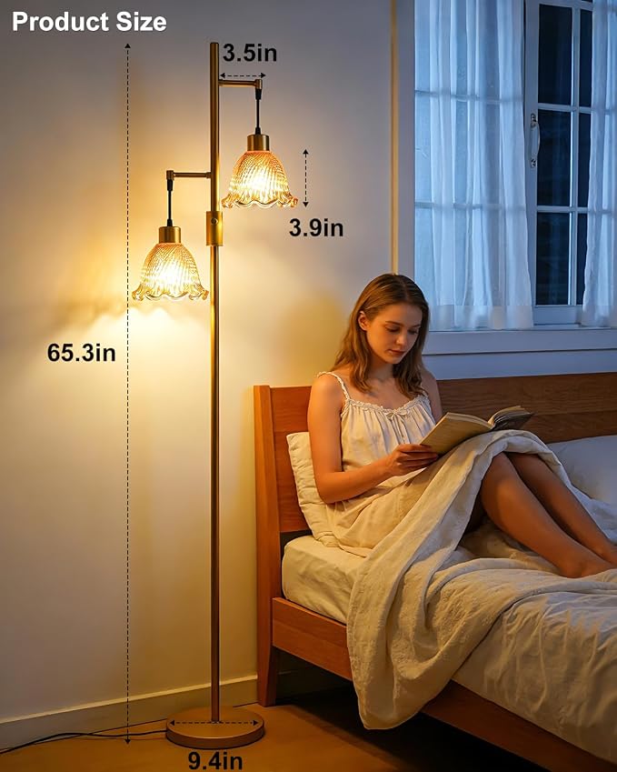 Lightdot 65IN Gold Flower Floor Lamp for Living Room, 2- Light Dimmable Floor Lamps with Deep Red Glass Lampshade,3000K Warm White Modern Standing Tall Lamp with 5Lbs Heavy Base for Bedroom Sofa