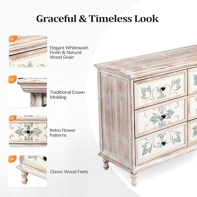 VINGLI White Dresser for Bedroom, 6 Drawer Dresser with Carved Flower Pattern, Wood Dressers Chest of Drawers with Solid Wood Legs