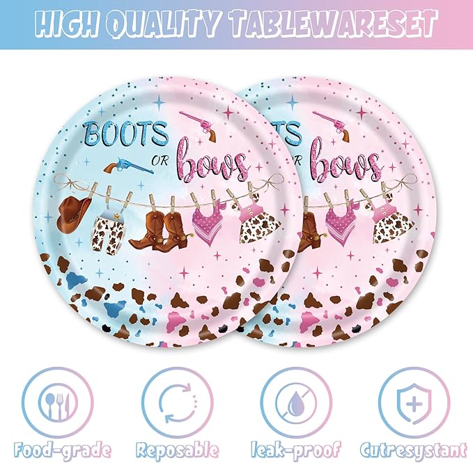 48pcs Pink Blue Gender Reveal Party Decoration Set,16 Dessert plate,16 Napkin And 16 Fork,16 persons Disposable tableware,Used Cowgirl Birthday Party Supplies (Multicolor 25)