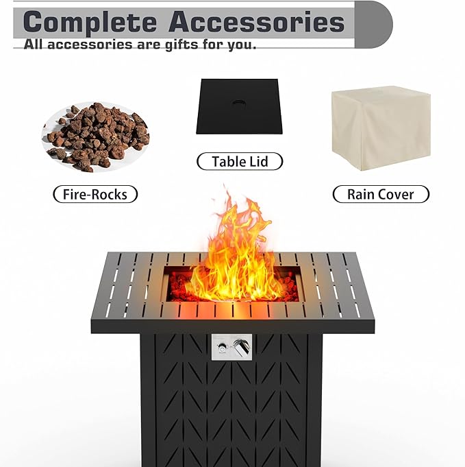 28'' Propane Fire Pit Table, 2 in 1 Rectangular Outdoor Fireplace, Outside Patio Deck and Garden, Gas Fire Pit Table with Lid and Stone, 50,000 BTU Adjustable Flame