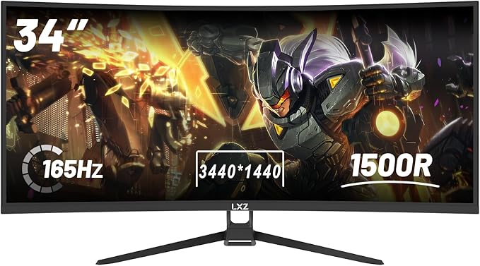 LXZ 34 Inch Gaming Monitor 1500R, 3440 * 1440p 165hz Frameless Display 100% sRGB, Wide Viewing Angle, Display Port HDMI - Black
