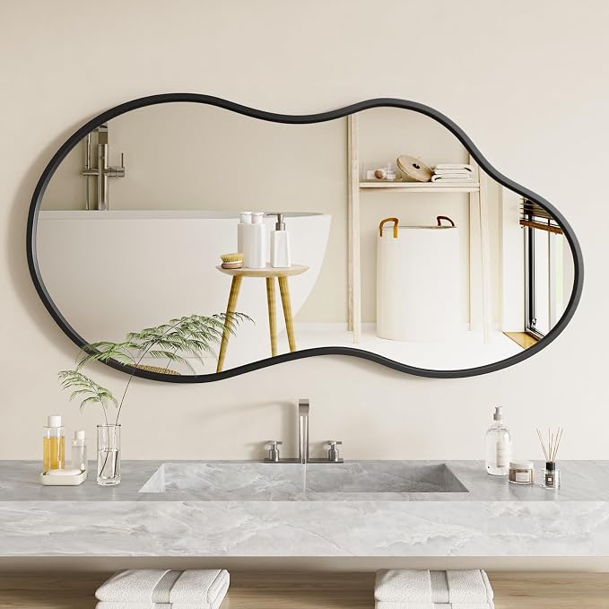 48”x 27” Irregular Wall Mirror, Black Vanity Asymmetrical Mirror, Aluminum Framed, Tempered Glass, Irregular Decorative Large Bathroom Mirrors for Wall (Horizontal/Vertical)