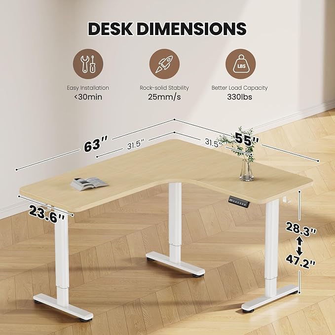 Flycity Electric L Shaped Standing Desk Adjustable Height, 63" x 55" Corner Stand Up Table, Home Office Desk, Dual Motor Sit Stand Desk, Computer Desk with 3 Memory Preset & Lock, Maple
