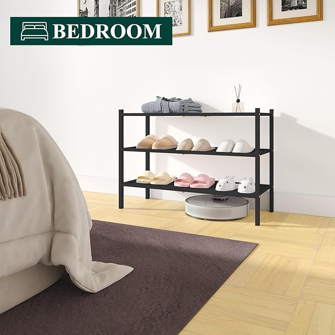 Smiry Bamboo Shoe Rack, 3 Tier Shoe Organizer for Entryway & Closet, Stackable Free Standing Storage Shelf for Shoes, Bags & Plants, Black