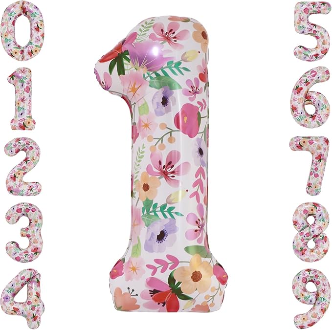 Flower Balloons 40 Inch Floral Number 1 Balloon for 1st Birthday Garden Party Decorations One Year Old Photo Props Foil Number 1