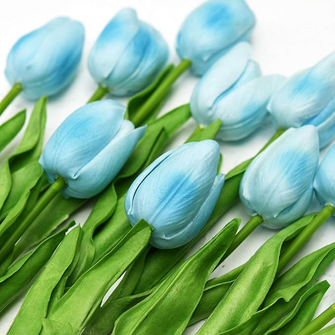 FiveSeasonStuff Real Touch Tulips Artificial Flowers – 15 Stems Faux Tulip Bouquet in Gift Box for Wedding, Home Decor, Party, Floral Arrangements (Arctic Blue)