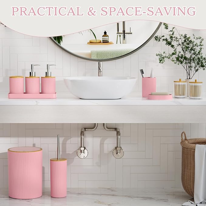 10PC Bathroom Accessories Set - Pink and Wooden Bathroom Sets, Bathroom Accessory Set with Pop Up Trash Can, Toilet Brush, Trash Can, Qtip Holder & Soap Dispenser