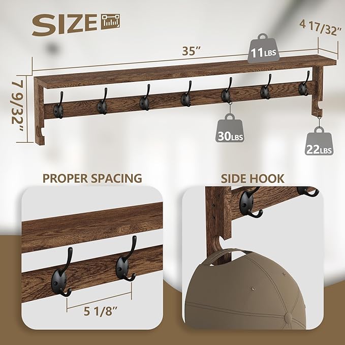 AMBIRD Coat Rack Wall Mount, 35 Inch Extra Long Wall Hooks with Hanging, Wooden Shelf with 7 Metal Hooks 2 Side Hooks, Wall Key Holder with Shelf in Entryway, Kitchen, Bathroom, Living Room, Bedroom