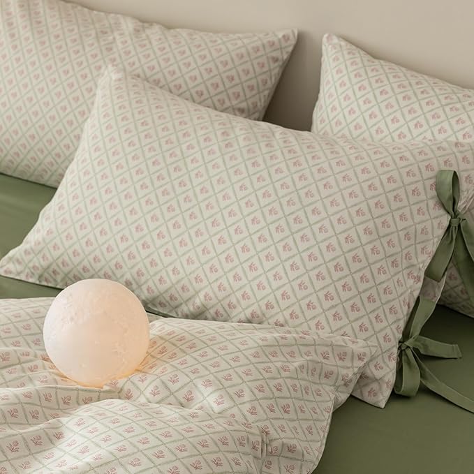 Pink Floral Duvet Cover Twin Chic Plaid Grid Duvet Cover 100% Cotton Floral Cottagecore Bedding Set for Girls Women Vintage Country Bedding Blooming Flower Comforter Cover with 2 Bowknot Pillowcases