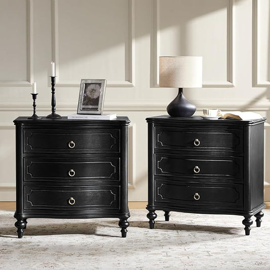 HULALA HOME Traditional Side Tables with 3 Drawers, Tall Side Table with Curved Front Profle Desgin, Charging Station, Solid Wood Legs, Set of 2, Black