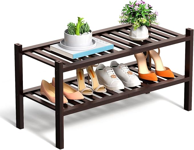RONGJlA 2 Tier Bamboo Shoe Rack for Closet Free Standing Wood Shoe Shelf Storage Organizer for Entryway Small Space Stackable, Natura Brown