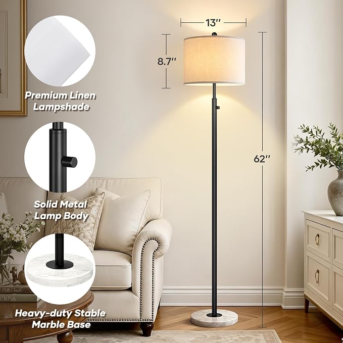 Nintiue Dimmable Floor Lamp for Living Room, 11W LED Bulb Included, Modern Standing Lamp with Marble Base, Tall Pole Light with White Linen Shade for Bedroom Reading Office Corner Nursery-Black