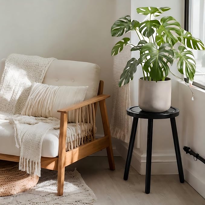 2-Pack Wood Plant Stands Indoor, 16.7" Tall Plant Stand Outdoor Mid-Century Plant Stool, Single Plant Table Modern Small Round Side/End Table for Living Room, Balcony, Office(Black)