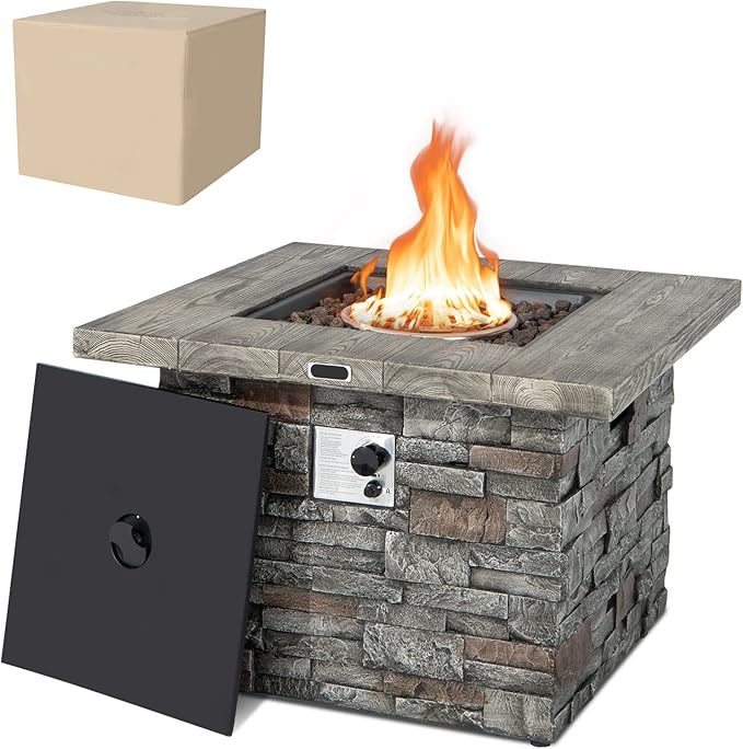 Giantex 34.5" Propane Gas Fire Pit Table - Patio 2-in-1 Outdoor Square Fire Table W/Volcanic Rock & PVC Cover, Stainless Steel Burner, 50,000 BTU Heat Output, Faux Stone Surface, Outside Fireplace