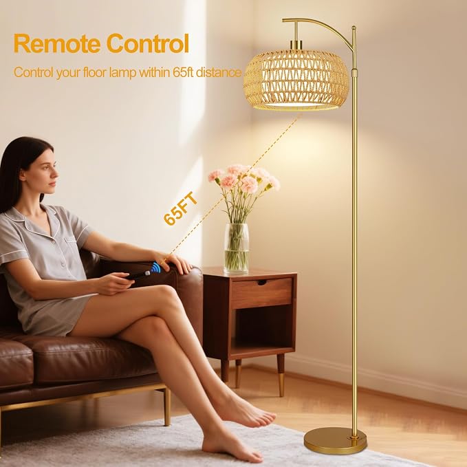 ZECOXOL Gold Floor Lamps for Living Room Rattan Boho Floor Lamp with Remote Control & 3 Color Temperature,Dimmable Arc Floor Lamps Brass Standing Lamp Tall Floor Lamp for Bedroom Living Room Corner