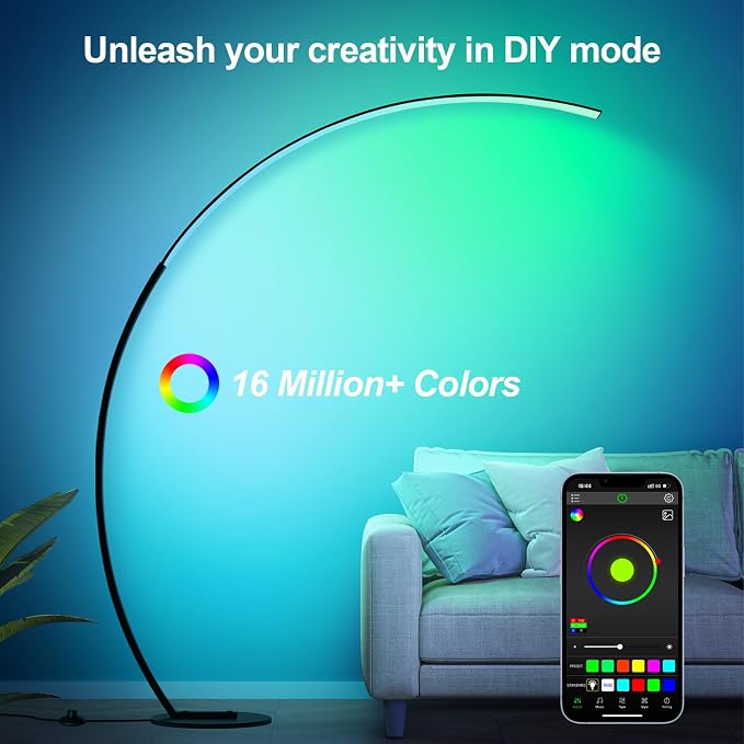 RGB Floor Lamp with 3 Color Temperatures, Ultra Bright 1800LM Smart Arc LED Floor Lamp with Remote Control, Music Sync, Scene Modes, Modern Standing Tall Lamp for Bedroom Living Room Gaming Rooms