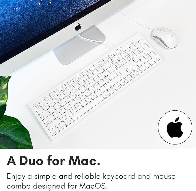 Macally Full Size USB Wired Mac Keyboard and Mouse Combo - Compatible Ergonomic Apple Keyboard and Mouse with Shortcuts and Number Keypad for Mac mini Pro, iMac Computer, MacBook Pro Air Laptops