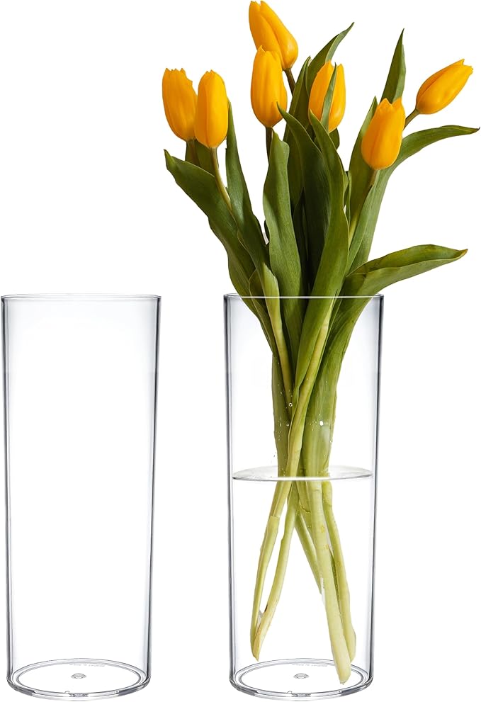 KLIFA- Carlsbad- Set of 2 Pieces, 9 Inch Tall, Plastic Cylinder Vases for Centerpieces, Acrylic Flower Vase for Wedding Centerpieces, Home Decorations, Clear
