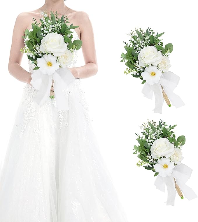 Set of 2 Bridesmaid Bouquets for Wedding - 7 Inch Artificial Flowers Bouquets for Ceremony Anniversary Centerpieces Decorations - White