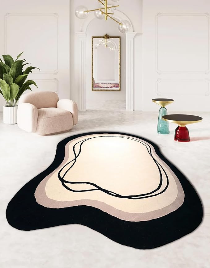 7x12 Irregular Area Rug Beige Black Curve Modern Abstract Art Washable Rug for Bedroom Diningroom Living Room Odd Shaped Rugs Minimalist Aesthetics Home Office Guestroom Stain Resistant Large Carpet