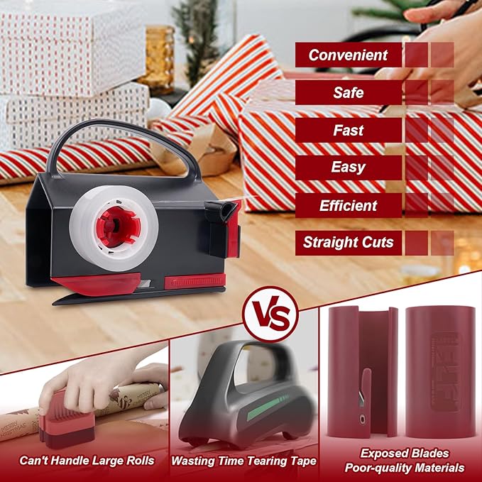 2-in-1 Wrapping Paper Cutter & Tape Dispenser, Christmas Gift Wrap Cutter Tool with 4 Tapes & Replaceable Blades, Fast Straight Cutting Tool for Holiday & Birthday Wrapping Kits