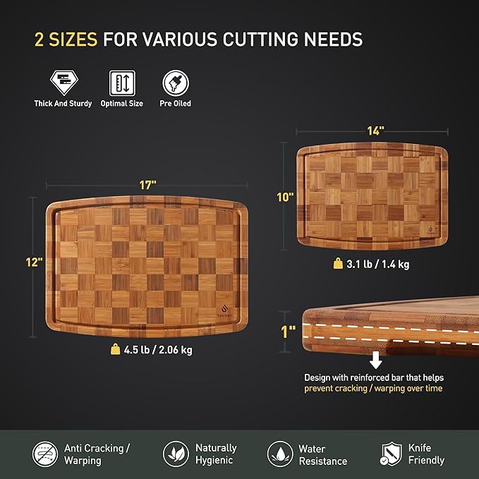 2 Pack Heavy Duty Bamboo Cutting Board Set Non Slip Over Sink Solid Thick Wood Chopping Board End Grain Extra Large Big Small Best Organic Hardwood Wooden Kitchen Essential New Home Housewarming Gift