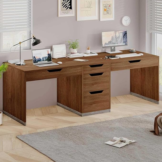 Two Person Desk with 5 Drawers, Double Desk with Storage for 2 People, 78 Inch Extra Long Computer Desk Workstation with File Drawer for Home Office, Brown